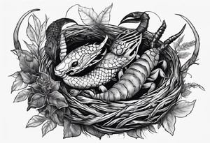 Two pisces and a Capricorn in a nest with a giant scorpion looking over them from above tattoo idea