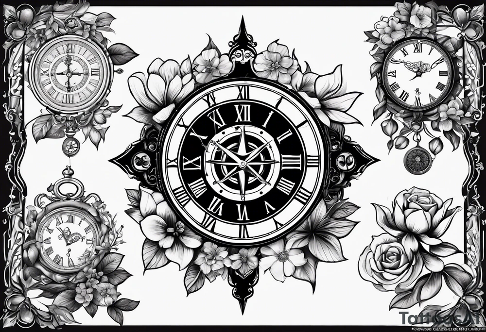 combination of a nautical compass and a old school clock face, with a doctor bird, tree of life and decorated with lignum vitae flowers, 3/4 sleeve on arm, flowing all together tattoo idea