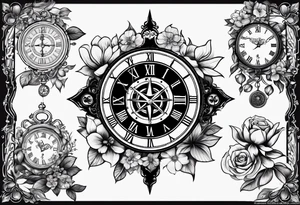 combination of a nautical compass and a old school clock face, with a doctor bird, tree of life and decorated with lignum vitae flowers, 3/4 sleeve on arm, flowing all together tattoo idea