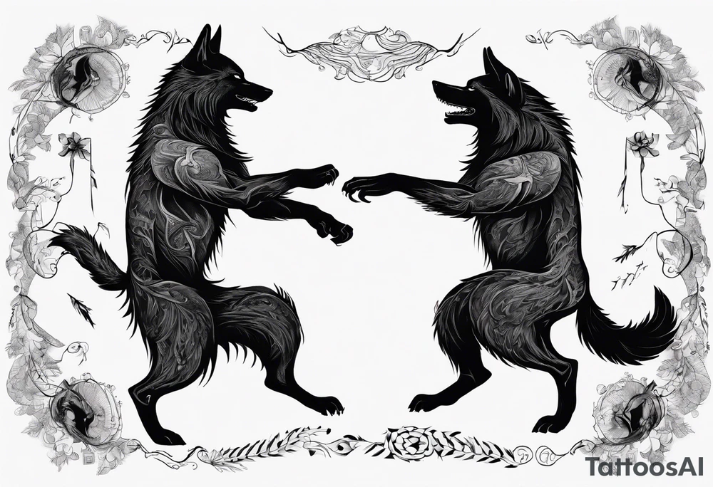 two black wolves dancing on their hind legs. they should be facing each other and obviously dancing. they should be very basic with not many details within their shapes. tattoo idea