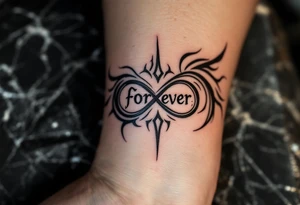 A small, black ink "forever" on the wrist, enclosed by a fine-line infinity symbol. tattoo idea