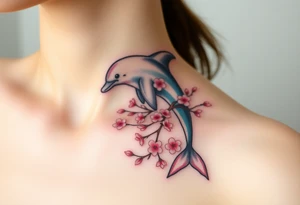 A dolphin intertwined with delicate cherry blossom branches, combining ocean and floral elements tattoo idea