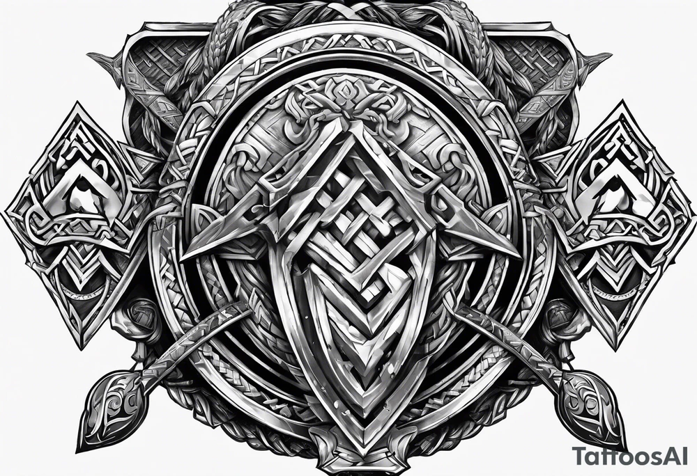 Valhalla sword shield axe Valknut chains tattoo idea