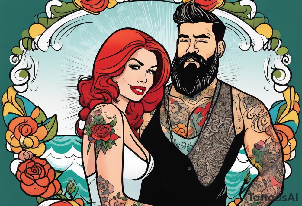 Busty Red haired woman with black haired bearded man tattoo idea