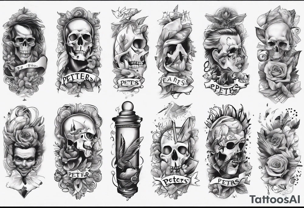 men’s arm sleeve, the name Peters, September birthday tattoo idea
