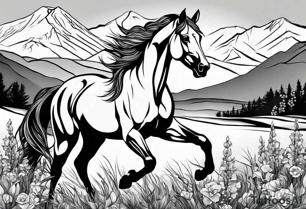 Wild horse, mountain background, feather, flowers, western tattoo idea