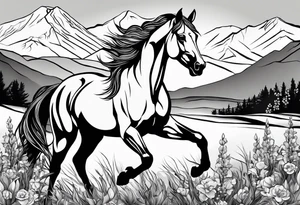 Wild horse, mountain background, feather, flowers, western tattoo idea
