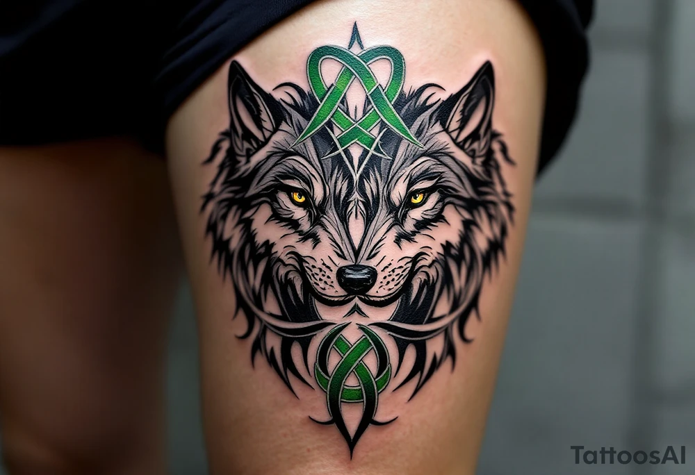 Celtic Twin Wolves – Two mirrored wolves in black and silver, intertwined with green Celtic knot designs representing duality and balance. tattoo idea
