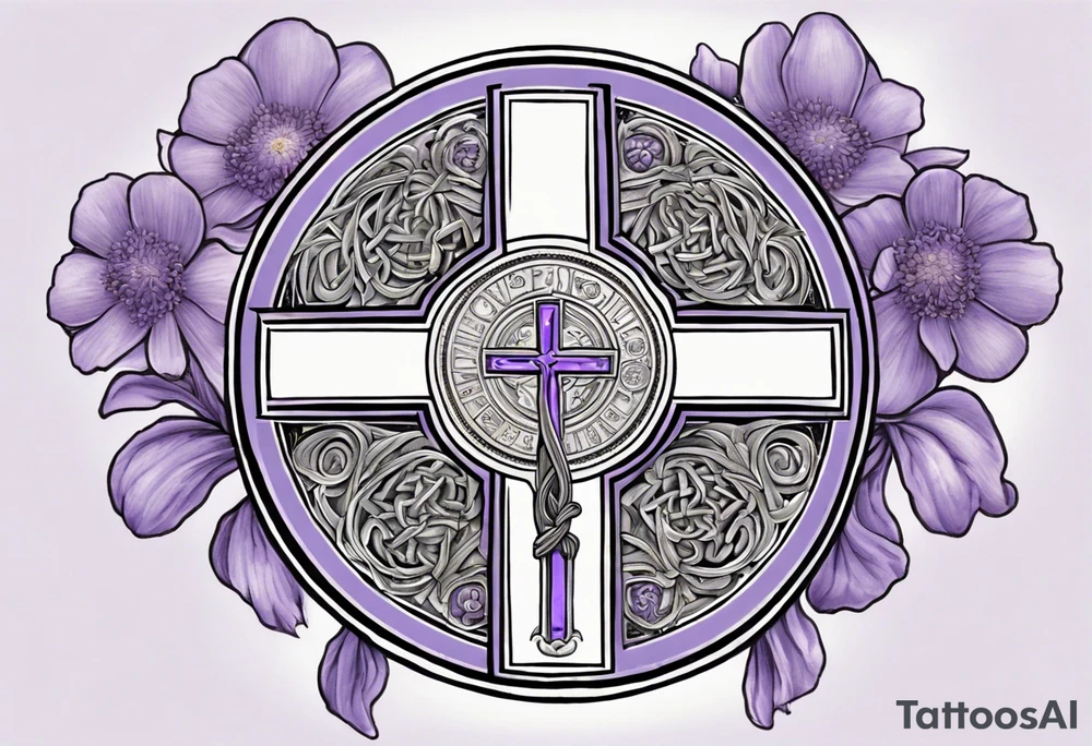 I'm seeking a custom tattoo design featuring a faithful and precise representation of the Saint Benedict medal, surrounded by delicately intertwined lavender flowers to create a harmonious and aesthetically pleasing composition. The focus should be on maintaining the authenticity of the Saint Benedict medal, while incorporating the serene beauty of lavender blooms around it. Additionally, the design should be in black and white to ensure a classic and timeless aesthetic. The goal is to achieve a balance that captures the symbolic essence of the medal within a visually appealing and monochromatic tattoo. tattoo idea