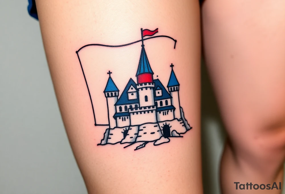 A Czech flag (blue, white up, red down) waving behind a medieval castle tattoo idea