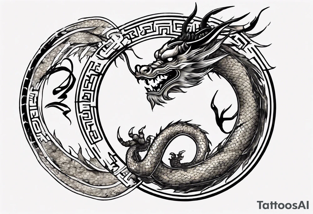 Chinese dragon in a circular shape with "02.03" written on its skin tattoo idea