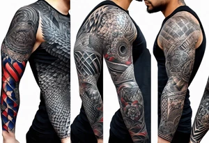 Full Arm sleeve, black, gray, silver, red, royal blue tattoo idea