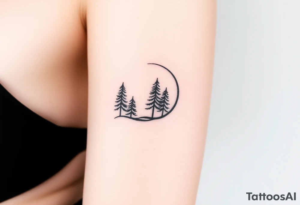 fine-line crescent moon, pine trees growing along one side, stretching upward tattoo idea