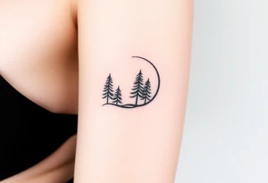 fine-line crescent moon, pine trees growing along one side, stretching upward tattoo idea