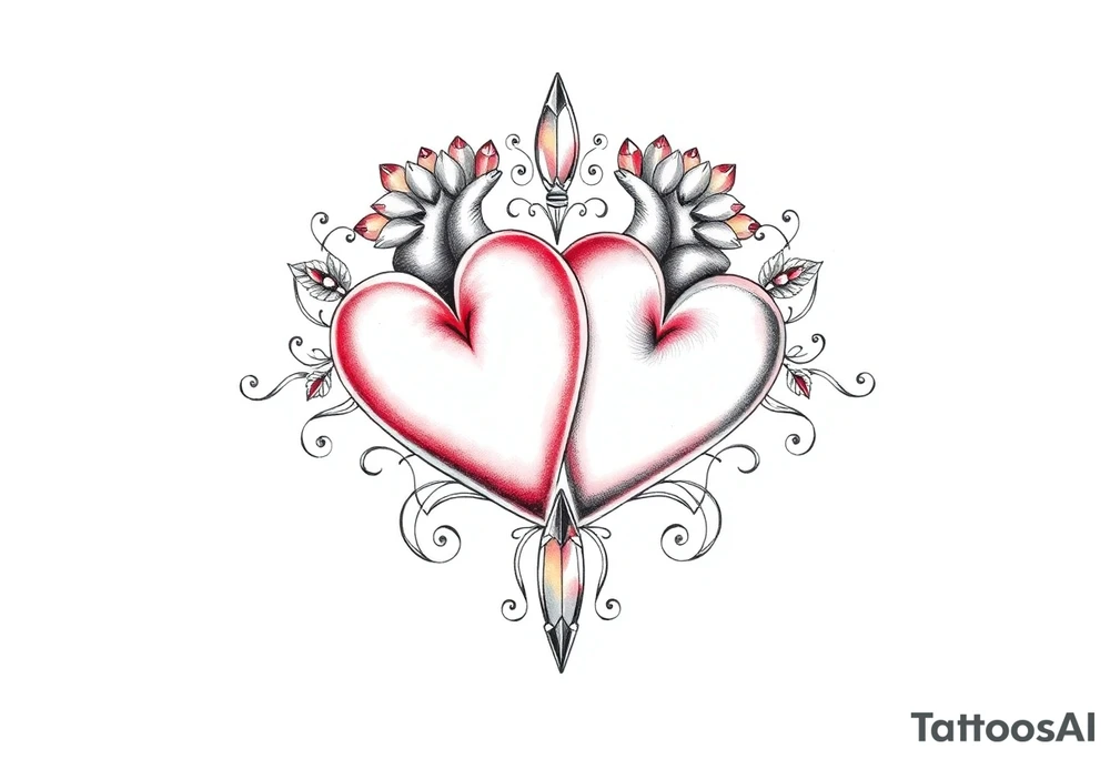 Two hearts surrounded by filigree and crystal or gem accents tattoo idea