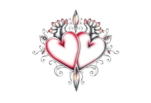 Two hearts surrounded by filigree and crystal or gem accents tattoo idea