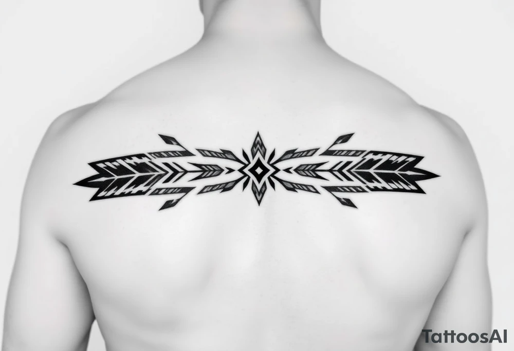 Tribal armband tattoo design, black geometric pattern, seamless band wrapping around arm, featuring stylized feathers, arrows and wolf teeth in symmetrical arrangement. Native American inspired ornamental pattern with sharp angular elements. Bold black lines, clean geometric shapes. Tribal motifs with feathers pointing outward, arrows interweaving through pattern, teeth elements creating border design. Continuous band approximately 3-4 inches wide. Minimalist black and white design with strong contrast. Professional tattoo art style, high detail, precise linework. tattoo idea