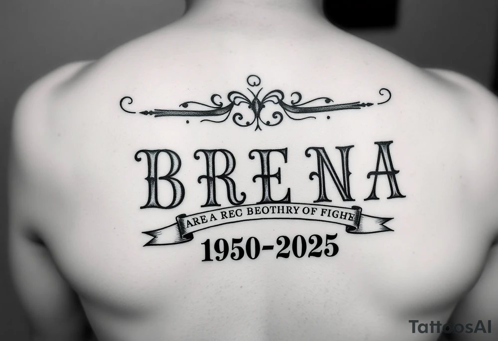 "B
R
E
N
D
A" going down arm one letter on top the other
 WITH RIBBONS UNDERNEATH SHOWING 1950-2025 tattoo idea
