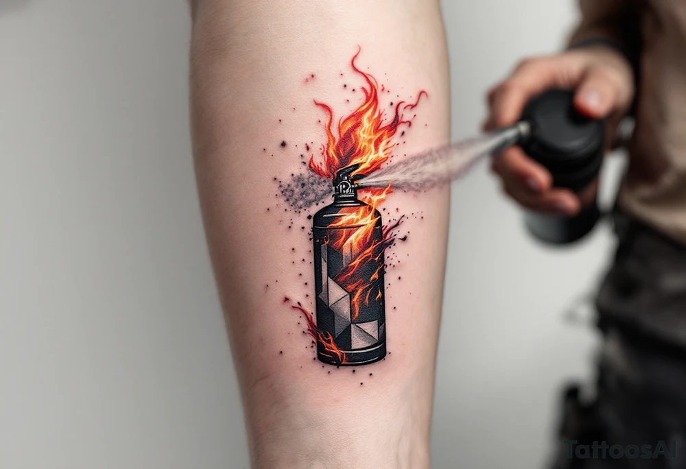 A fire extinguisher spraying a burst of flames, creating a contrast of cool white mist and blazing reds and oranges. tattoo idea