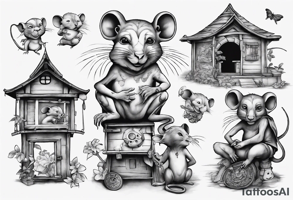 babboon in a playhouse with mice tattoo idea