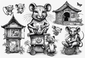 babboon in a playhouse with mice tattoo idea