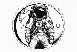 an astronaut hunched over in space from the back holding a planet in his hands tattoo idea