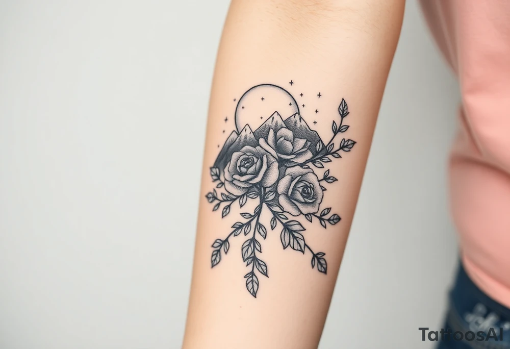 Roses wild flower vines with moon and stars mountains wrap around arm forest tattoo idea