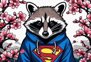 Raccoon wearing a Superman hoodie and Japanese cherry blossoms tattoo idea