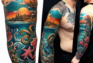 Full sleeve arm tattoo with octopus and sea scene tattoo idea