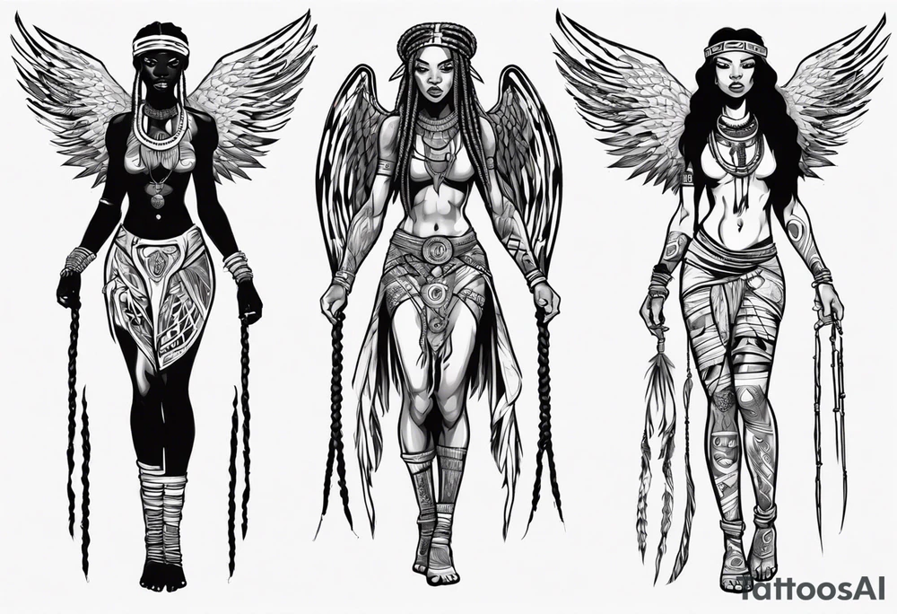 African female Viking  angel full body 
slim long face small mouth long braided hair tattoo idea