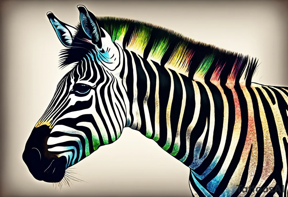 Portrait of a zebra wearing regal clothing, vintage looking, but its main is coloured brightly the same as autism awareness. I want the zebra too almost look human and to be bursting out of a jigsaw piece tattoo idea