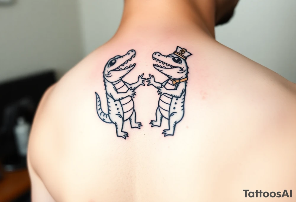 two cartoon mardi gras alligators dancing tattoo idea