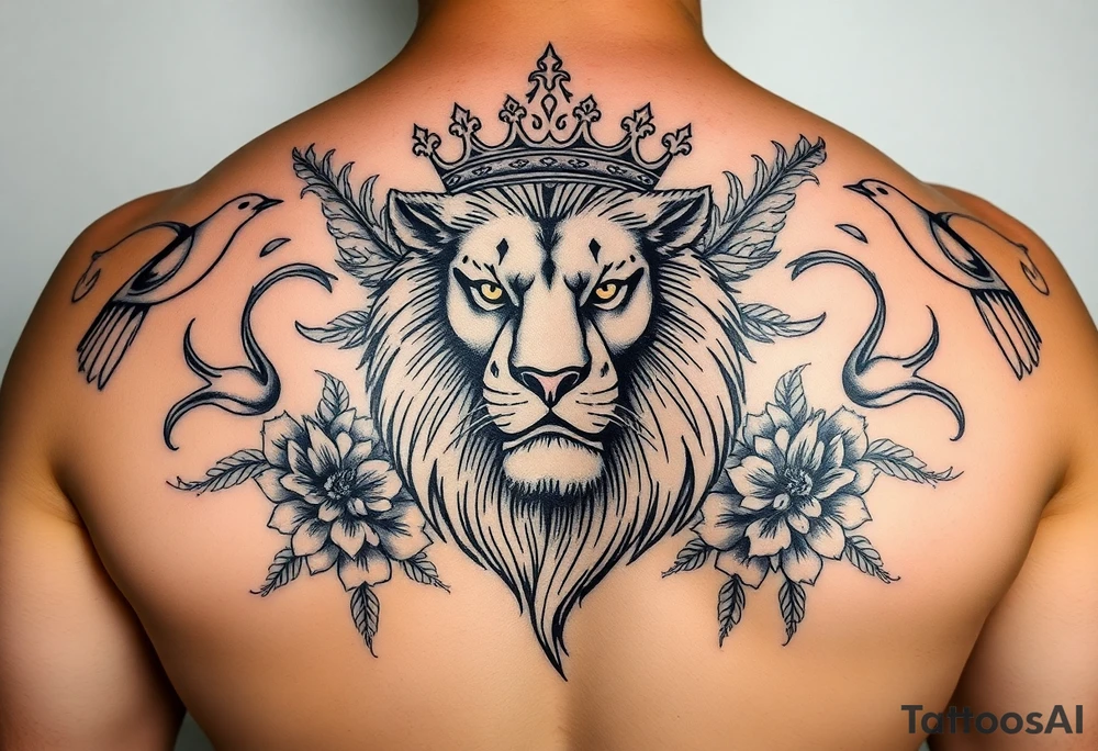 powerful majestic lion with a crown, surrounded by floral ornaments and birds tattoo idea