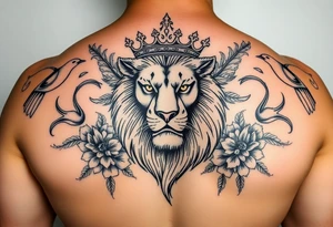 powerful majestic lion with a crown, surrounded by floral ornaments and birds tattoo idea