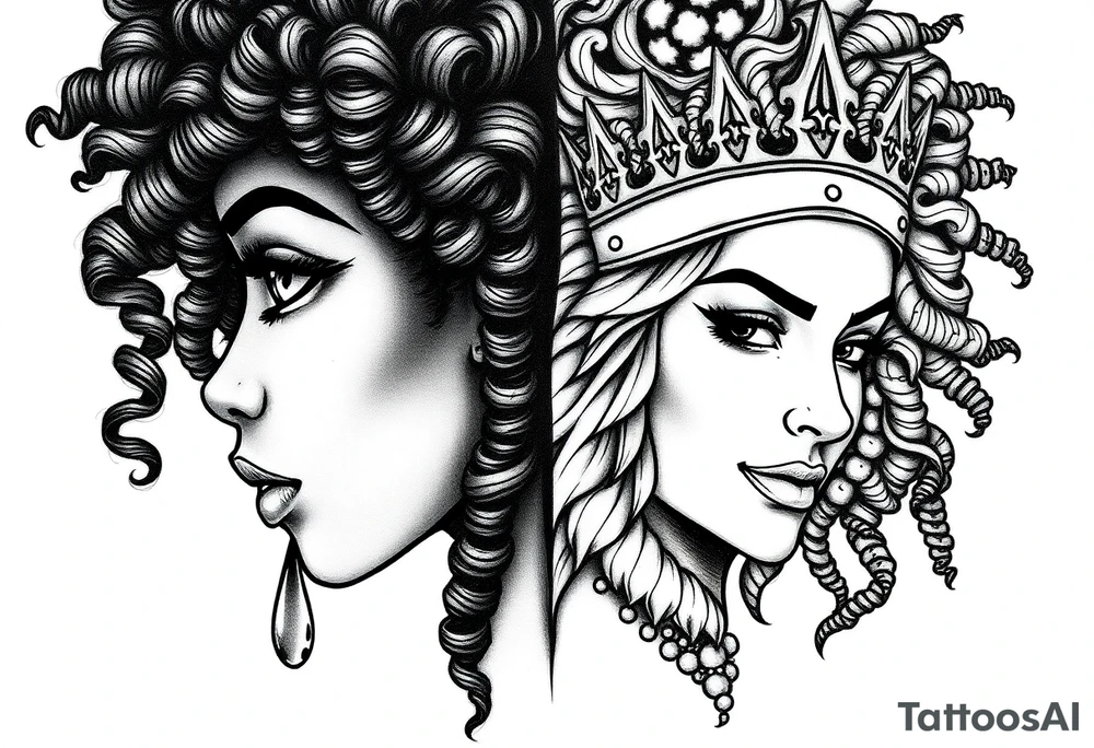 A beautiful woman with beautiful curly hair, and a teardrop falling from her eyes, African American- other 1/2 a beautiful warrior women with a crown and a smirk on her face. Embodying 1/2 faced one soft and gentle-one strong and mighty. Blend together onto 1 face tattoo idea