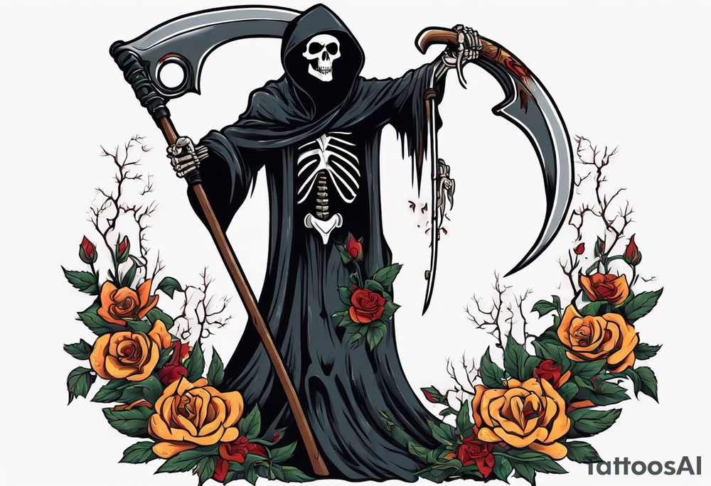 grim reaper holding scythe, half body, flowers, traditional tattoo idea