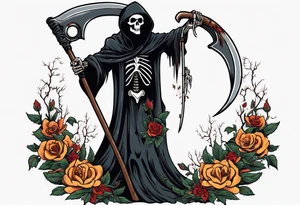 grim reaper holding scythe, half body, flowers, traditional tattoo idea