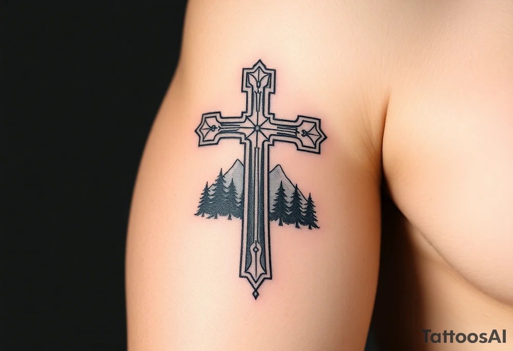 russian orthodox cross with the diagonal line at the bottom with a light forrest with a light mountainous setting tattoo idea