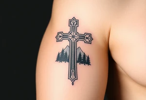 russian orthodox cross with the diagonal line at the bottom with a light forrest with a light mountainous setting tattoo idea