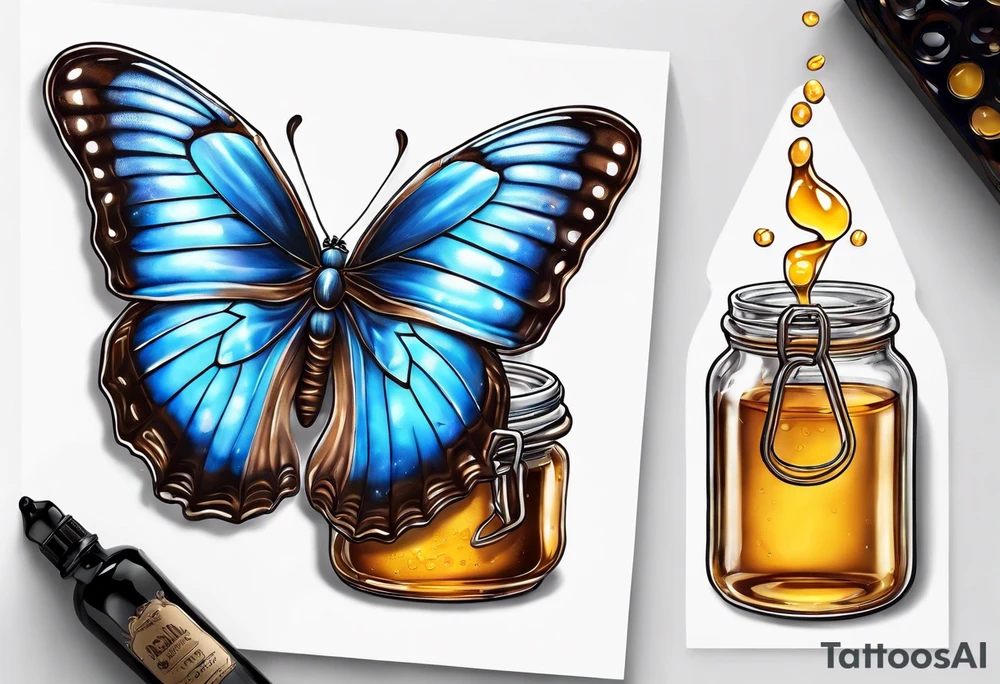 Blue morpho butterfly with a glass jar of honey tattoo idea
