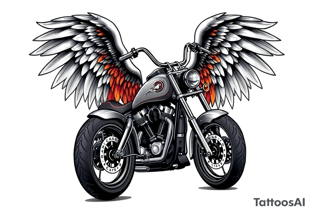 Low rider grey motorcycle, flames, angel wings tattoo idea