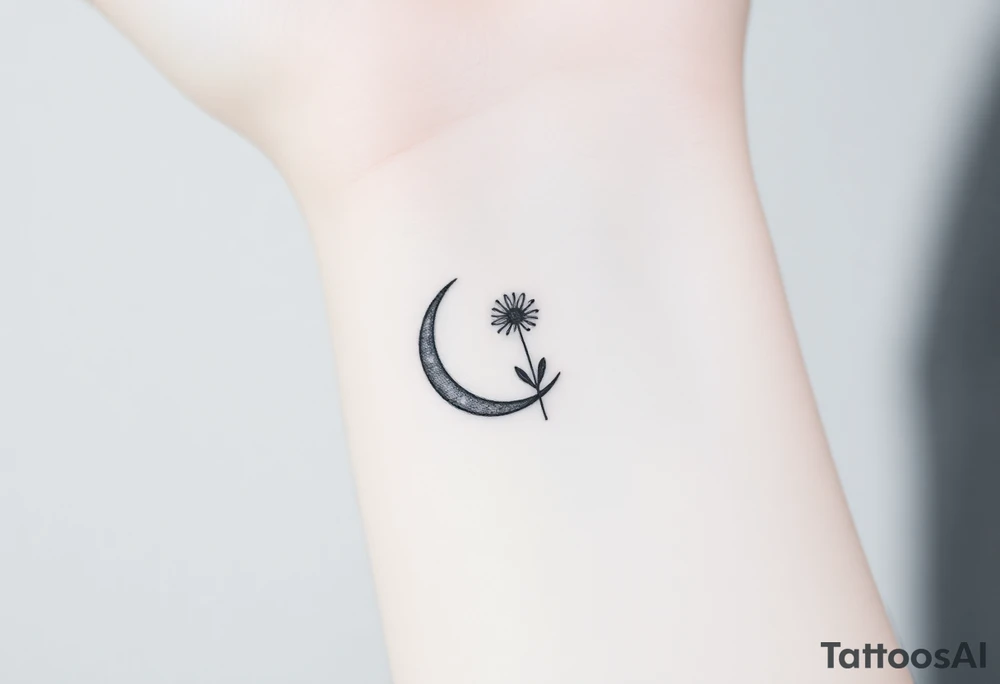 Small black and white tattoo waxing crescent moon with small Daisy birth flower AND tiny Leo gliph tattoo idea