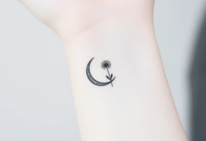 Small black and white tattoo waxing crescent moon with small Daisy birth flower AND tiny Leo gliph tattoo idea