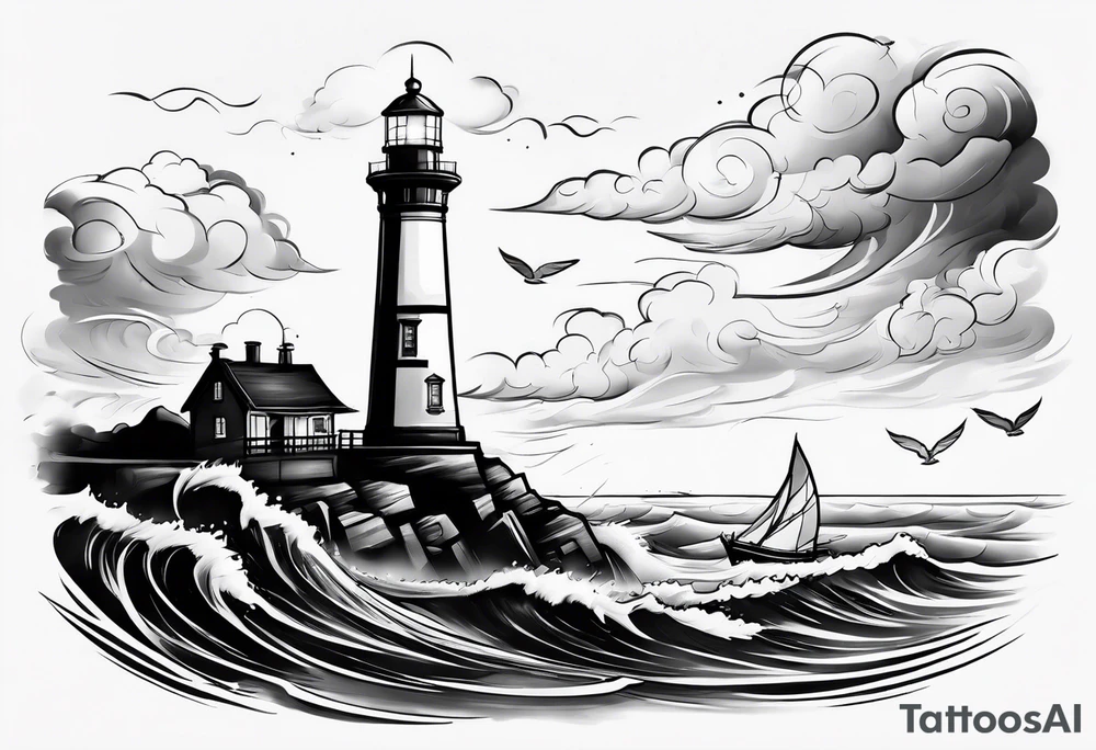 Lighthouse with black clouds tattoo idea