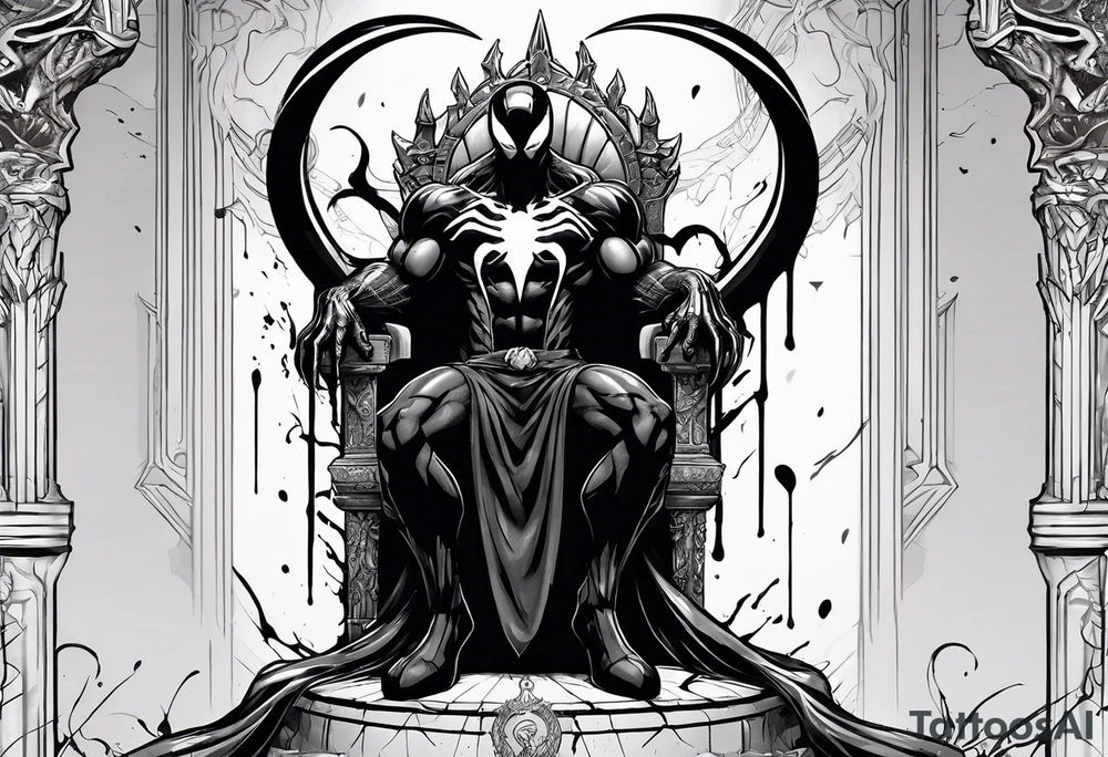 Smiling Venom on the symbiote throne with paint drip with Kobe’s black mamba symbol on the chest tattoo idea