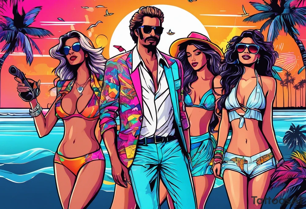 1980's miami vice style beach dance 
party, include confetti, music notes, boom box, bikinis sunset in the center tattoo idea