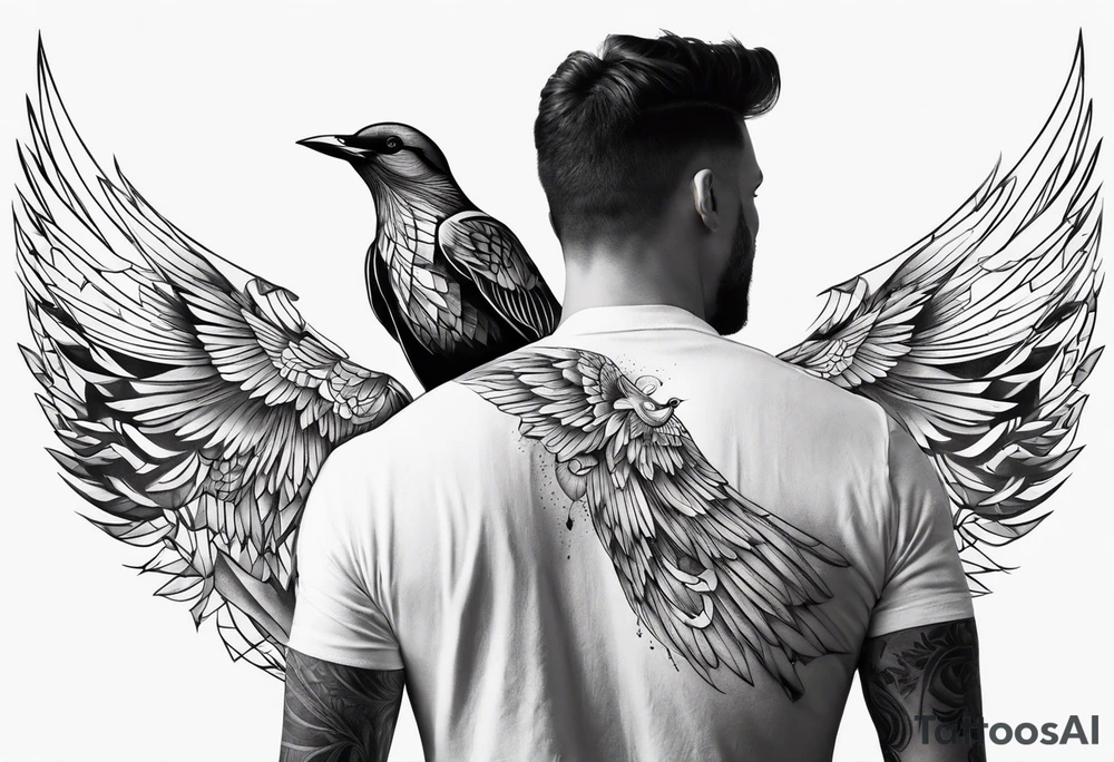 Birds flying out of a man’s back while he is in his hands and knees tattoo idea