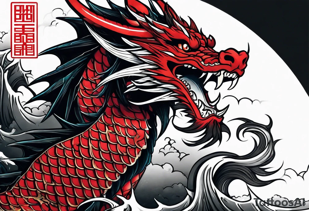 dragon irezumi arm sleeve in black and red with water and lightning tattoo idea