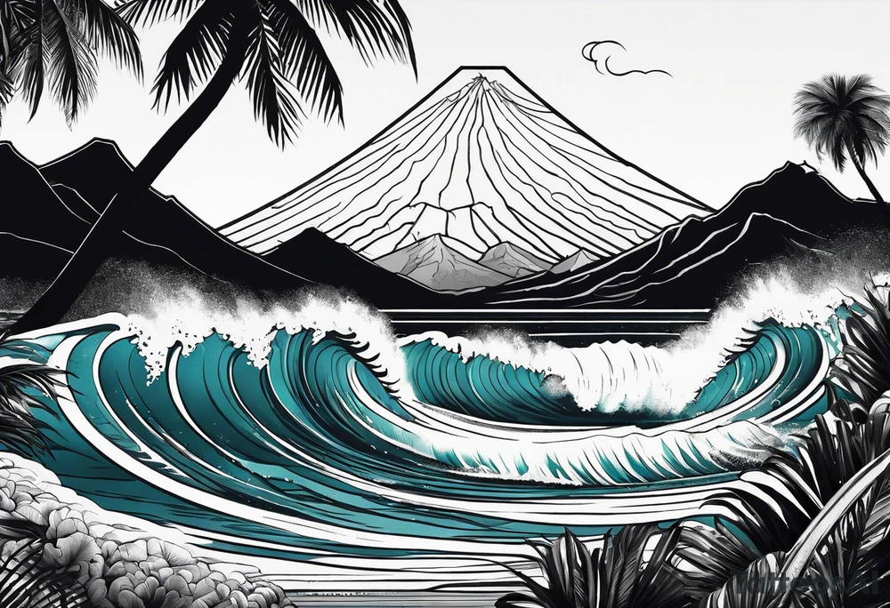 fineline tattoo of a palm tree and a wave with a volcano in the background tattoo idea