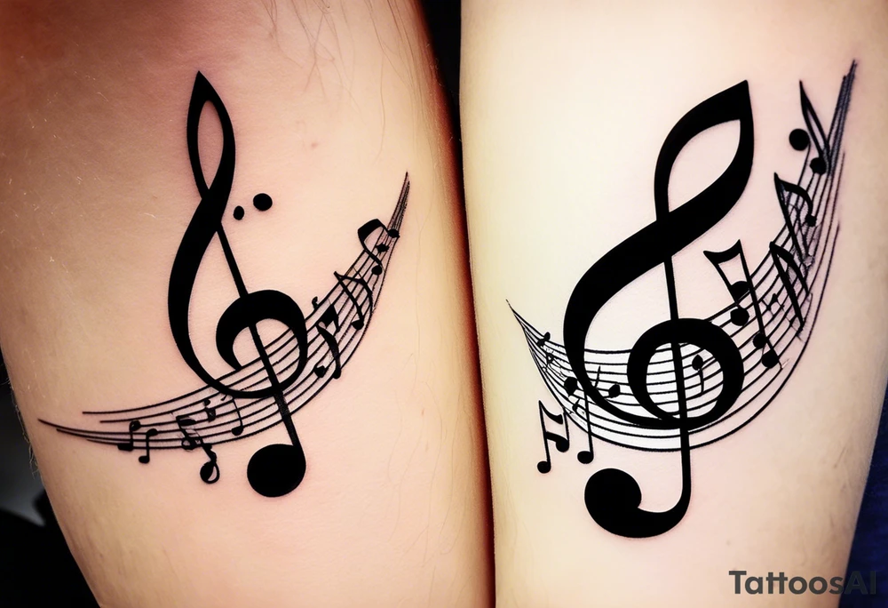 design matching tattoos for bff and i combines elements of music, friendship, and sophisticated aesthetics for you and your best friend. somehow incorporates two musical staffs in a slight 3D. Shading techniques. On one staff, a single B note represents "best," while the other staff features two notes for "friends forever." render musical elements  in crisp black ink, creating a clean and timeless look.At the end of each staff, small, photorealistic 3D gemstones (1 deep purple garnet and the other -opal with flashes of blue and purple iridescence) should appear to float just above the skin. Behind musical staffs & gems, subtle ombre shading effect transitioning soft purple to deep blue. hyper-realistic gems are focal point, contrasting crisp, clean lines of the musical notation (shaded for dimension). tattoo idea